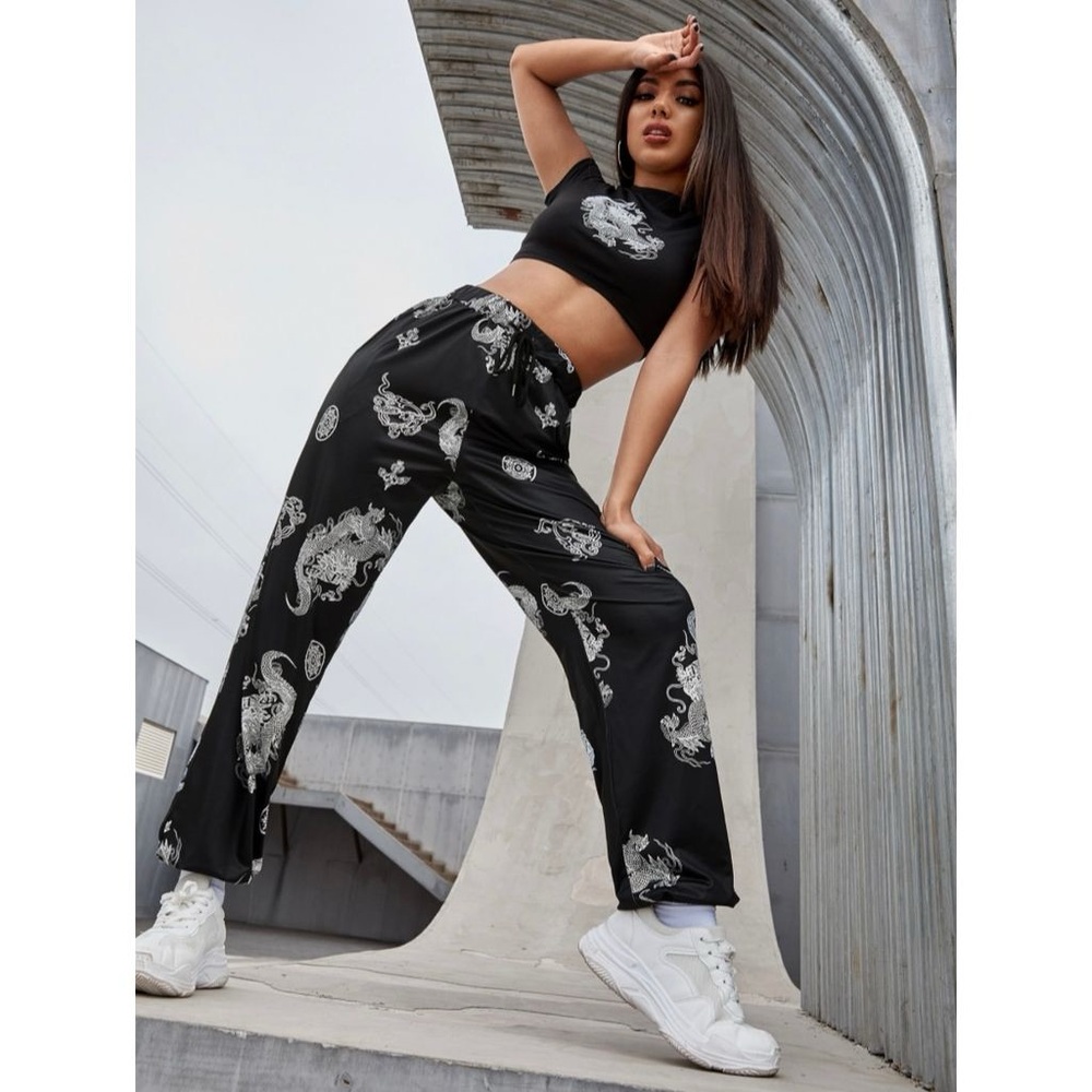 Shein Chinese Dragon Print Drawstring Sweatpants (Black, White, Size L)